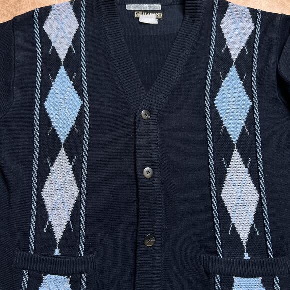 Vintage 90s Haband Argyle Diamond Cardigan Sweater Knit Navy Blue Pockets - Picture 5 of 6